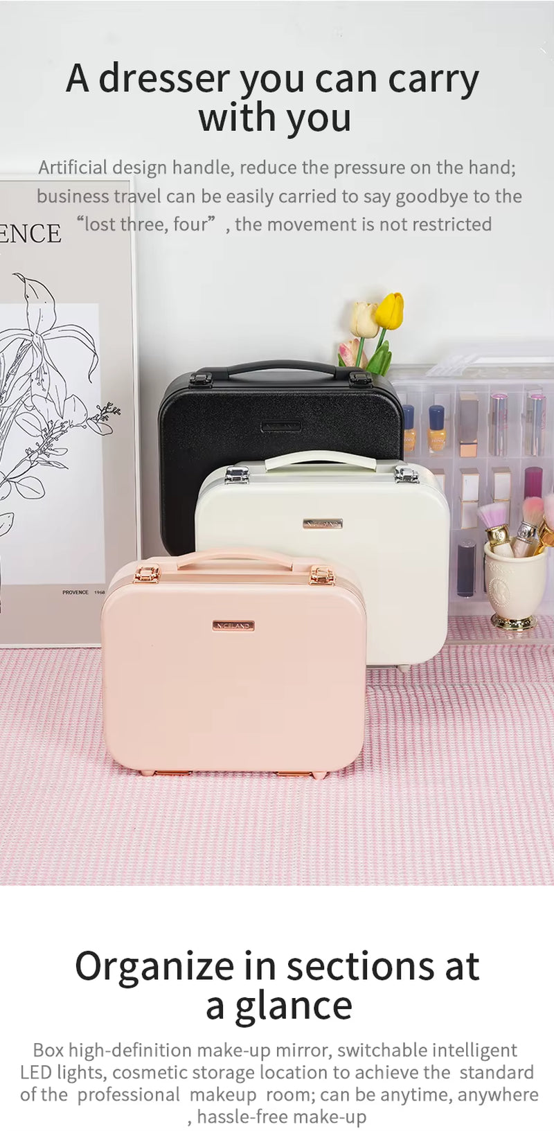 New Design Makeup Case with Lighted Mirror, Makeup Box with Led 3 Color Setting Travel Makeup Train Case Adjustable Brightness