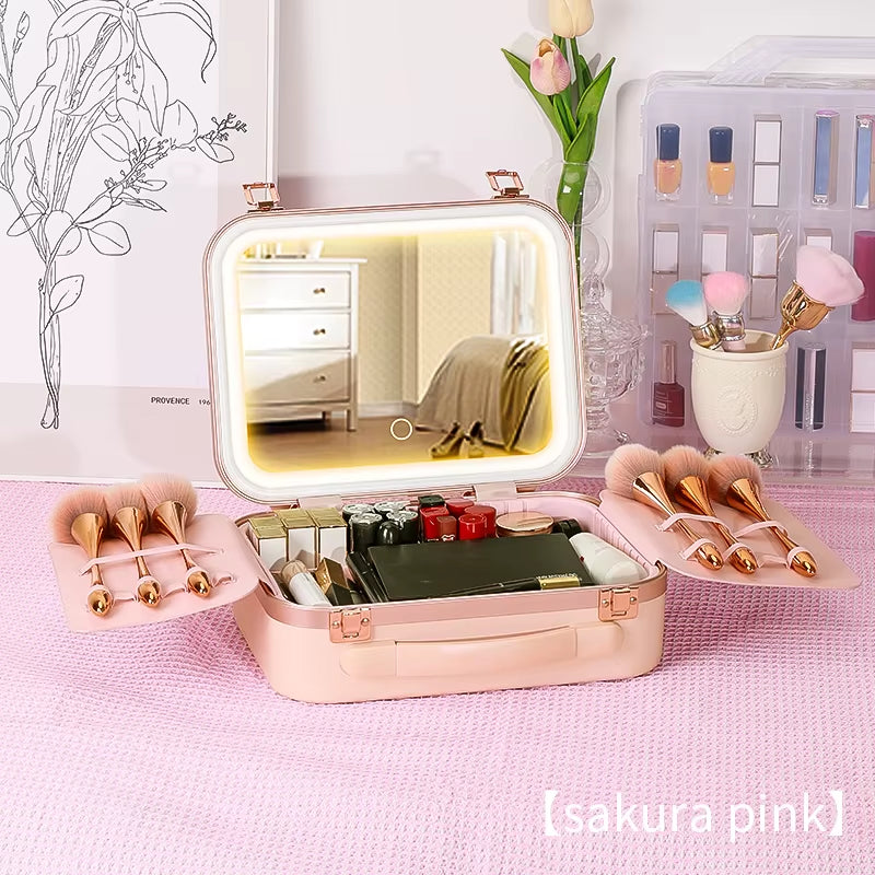 New Design Makeup Case with Lighted Mirror, Makeup Box with Led 3 Color Setting Travel Makeup Train Case Adjustable Brightness