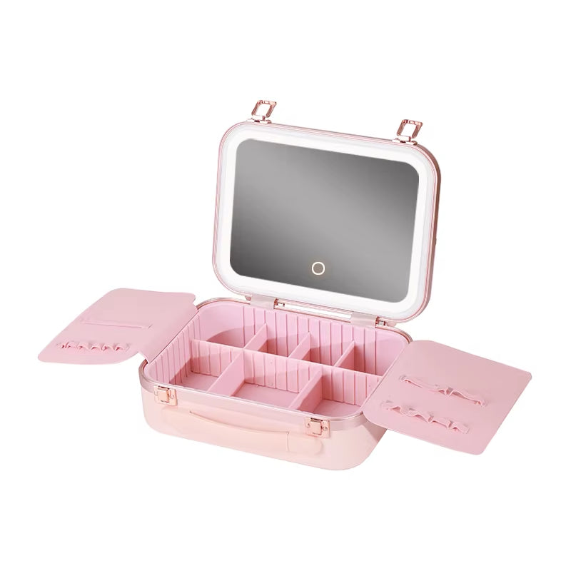 New Design Makeup Case with Lighted Mirror, Makeup Box with Led 3 Color Setting Travel Makeup Train Case Adjustable Brightness