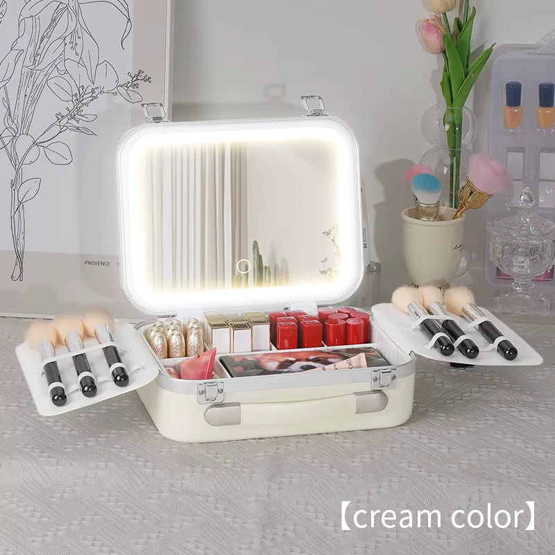 New Design Makeup Case with Lighted Mirror, Makeup Box with Led 3 Color Setting Travel Makeup Train Case Adjustable Brightness