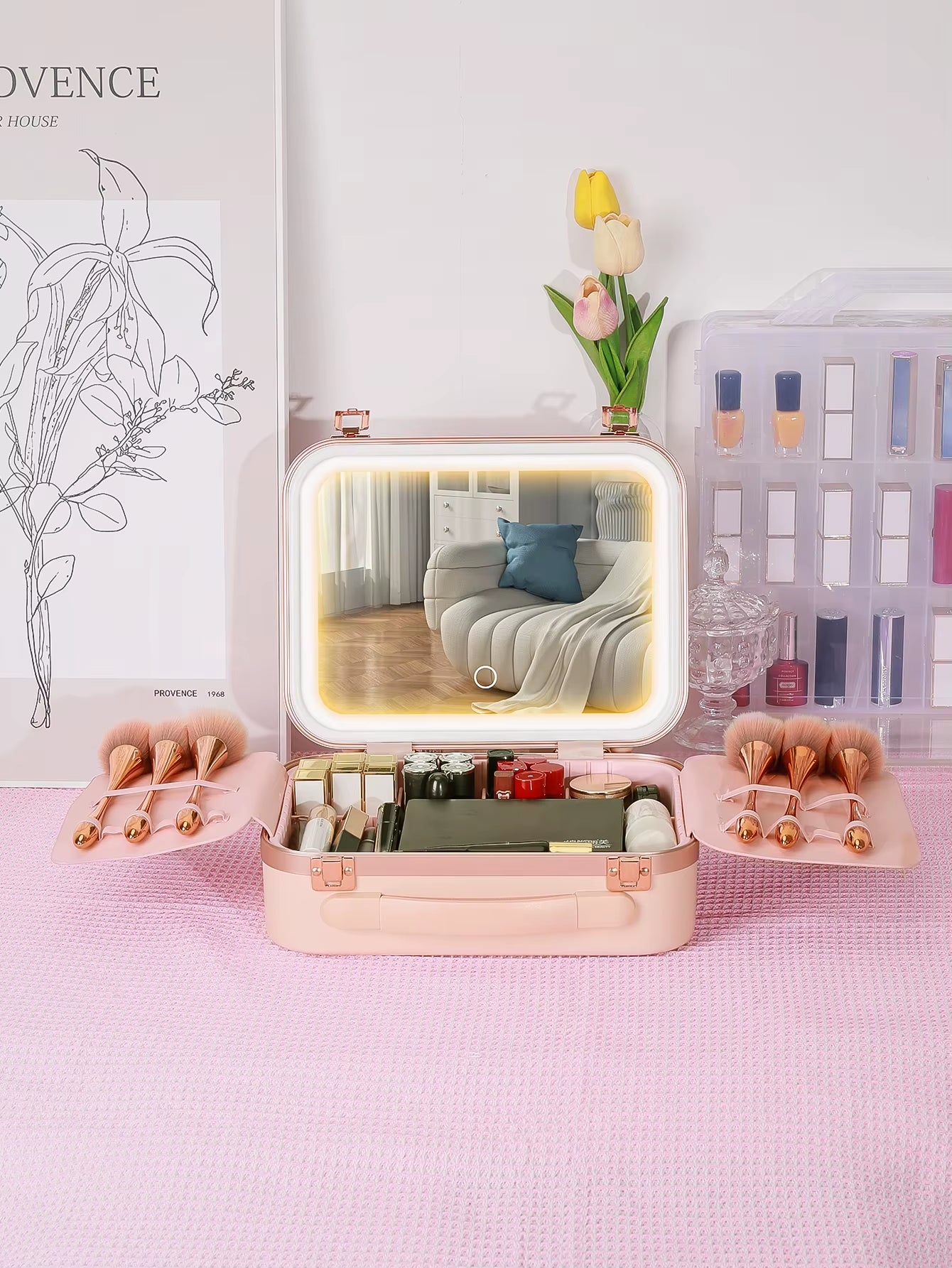 New Design Makeup Case with Lighted Mirror, Makeup Box with Led 3 Color Setting Travel Makeup Train Case Adjustable Brightness