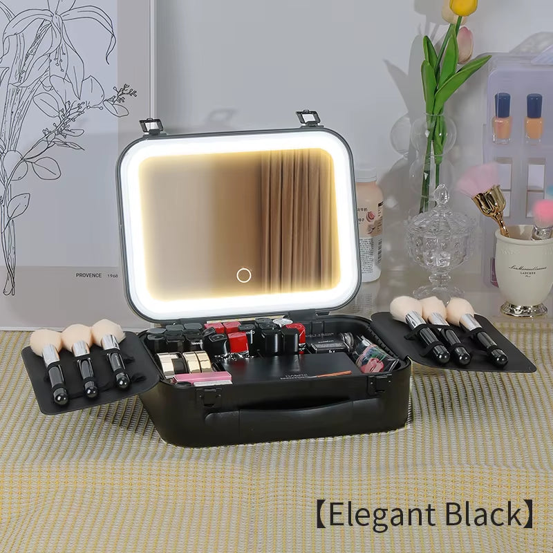 New Design Makeup Case with Lighted Mirror, Makeup Box with Led 3 Color Setting Travel Makeup Train Case Adjustable Brightness